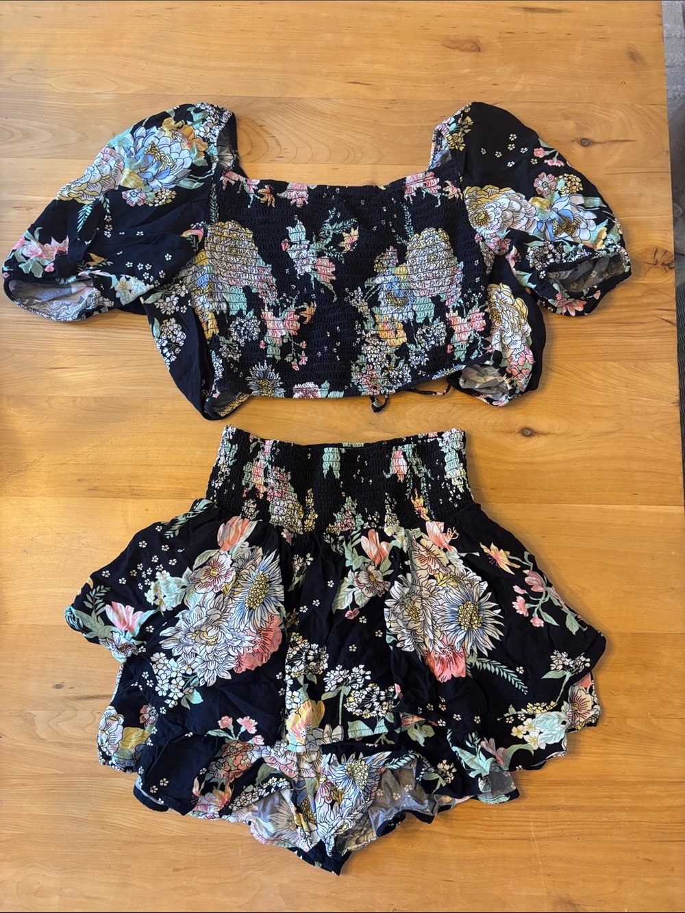 Maaji Floral Smocked Two-Piece Crop Top & Ruffle Shorts Set - Black Floral